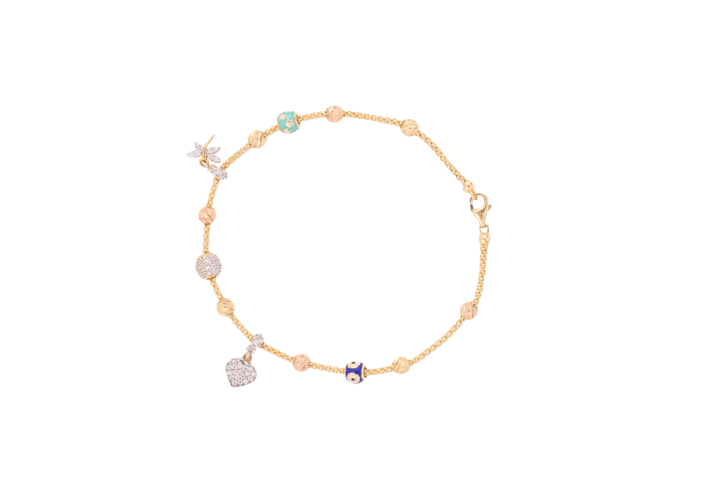 Brazalete Maleable con Dijes de Corazón y Colibrí – Oro Amarillo 10k