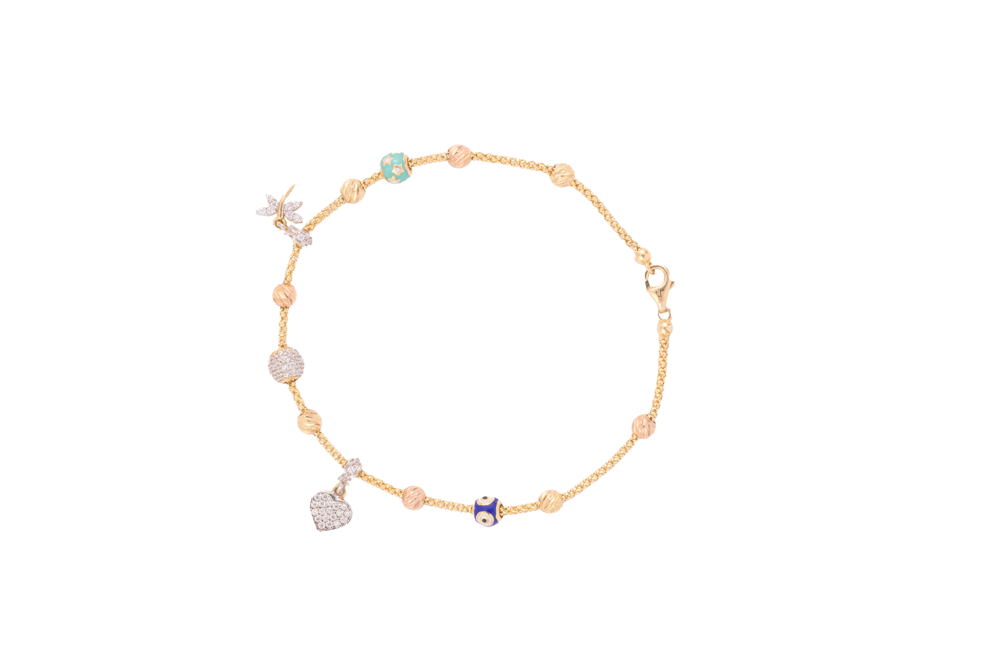 Brazalete Maleable con Dijes de Corazón y Colibrí – Oro Amarillo 10k