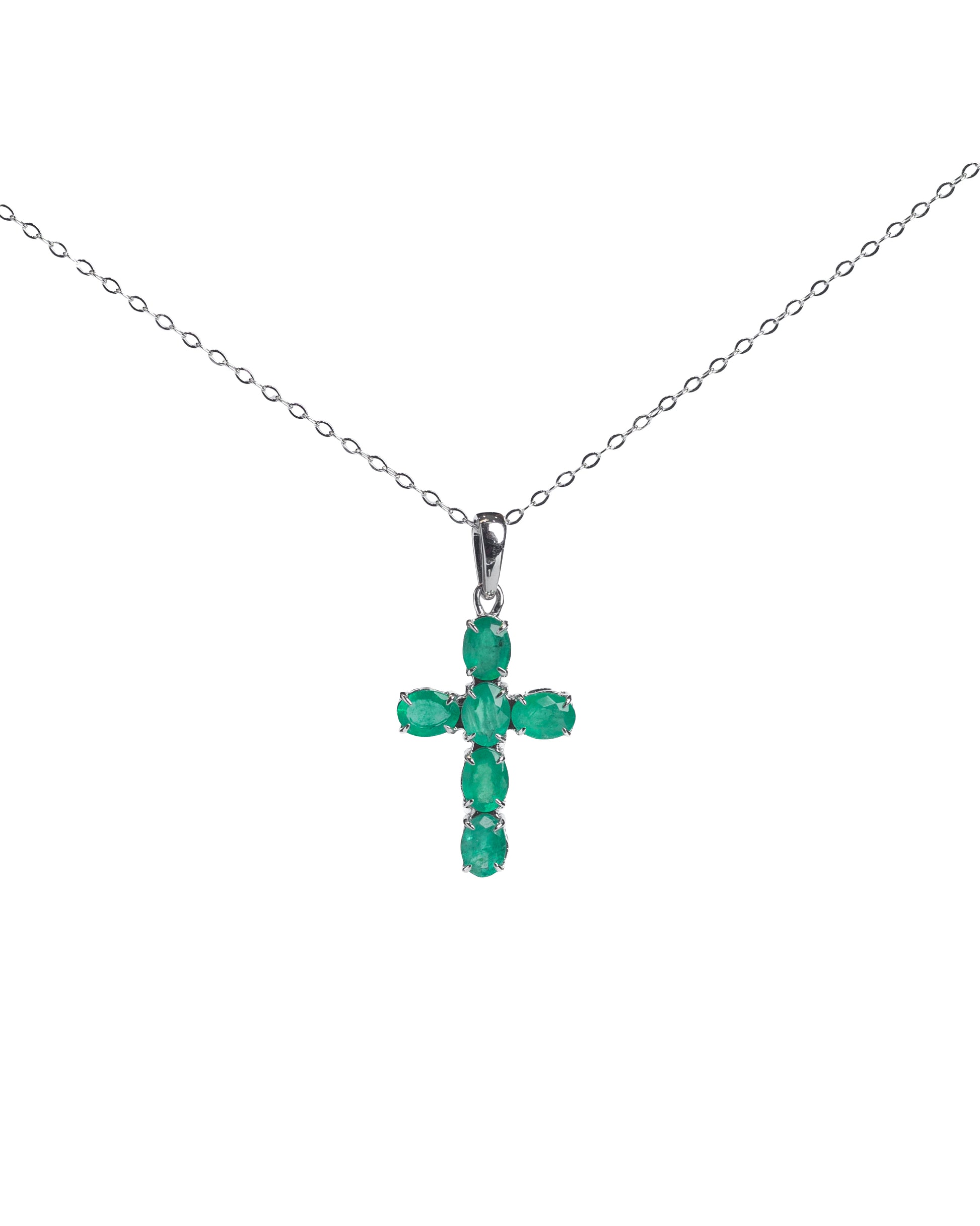Dije Cruz de Esmeraldas – Oro Blanco 14k