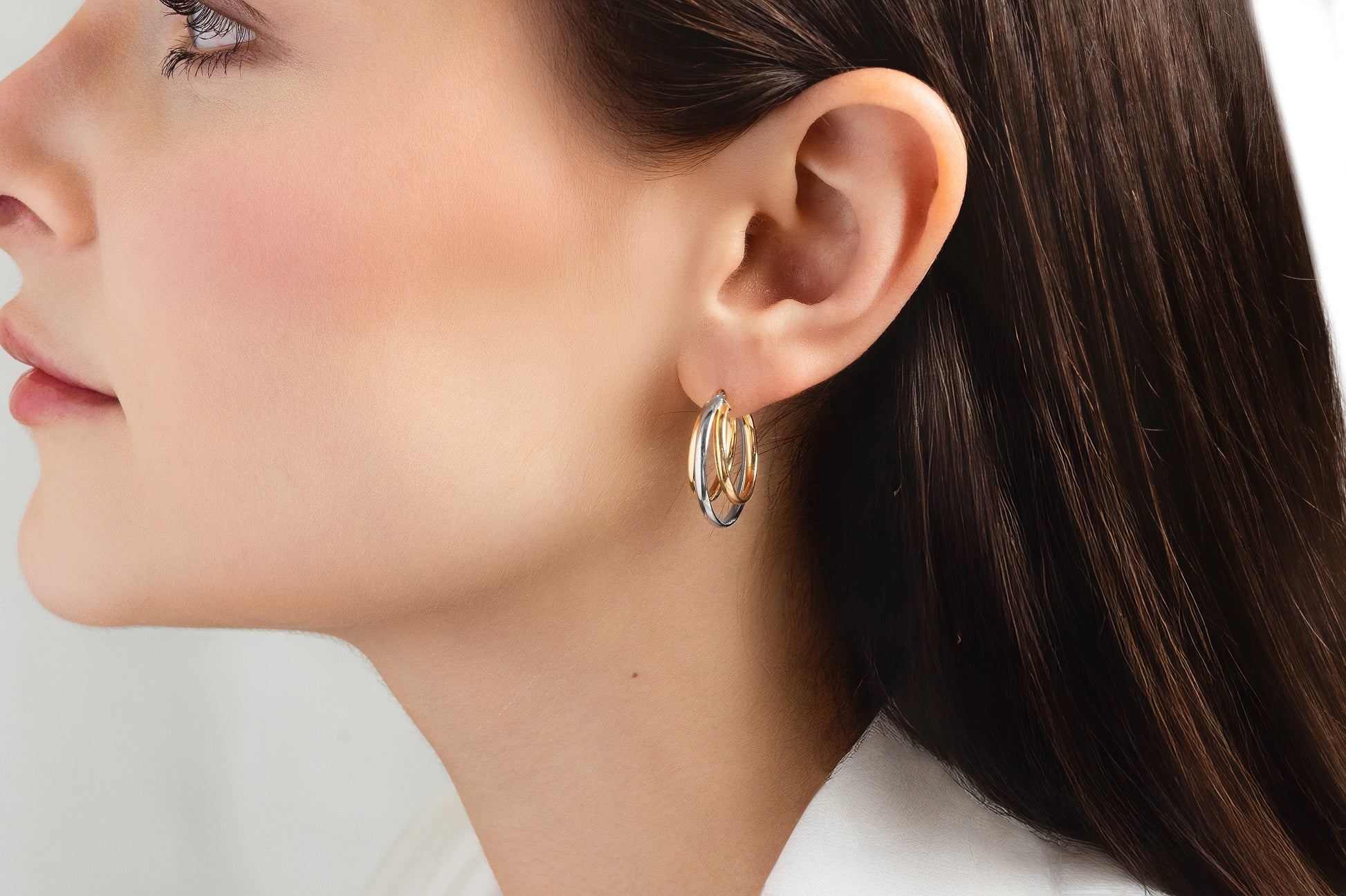 Aretes Arracada Triple - Oro Amarillo y Blanco 10k