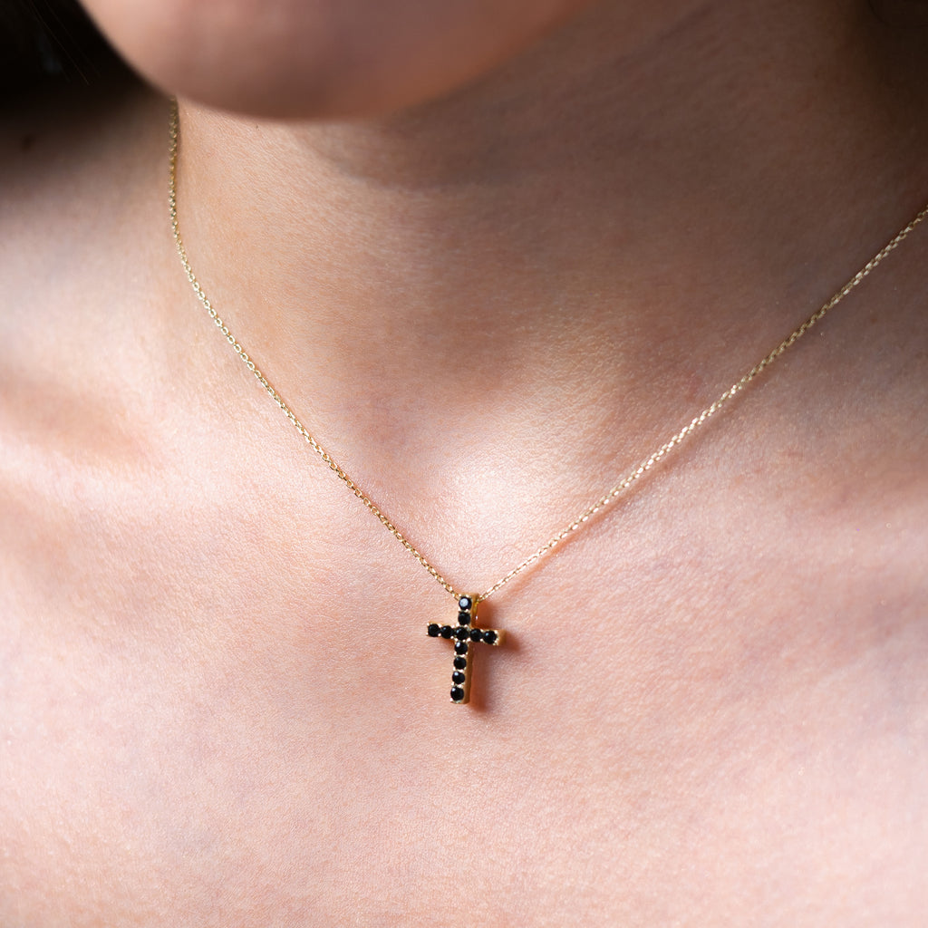 Dije Cruz Doble Vista Oro 10k - Circonia Negra/Blanca
