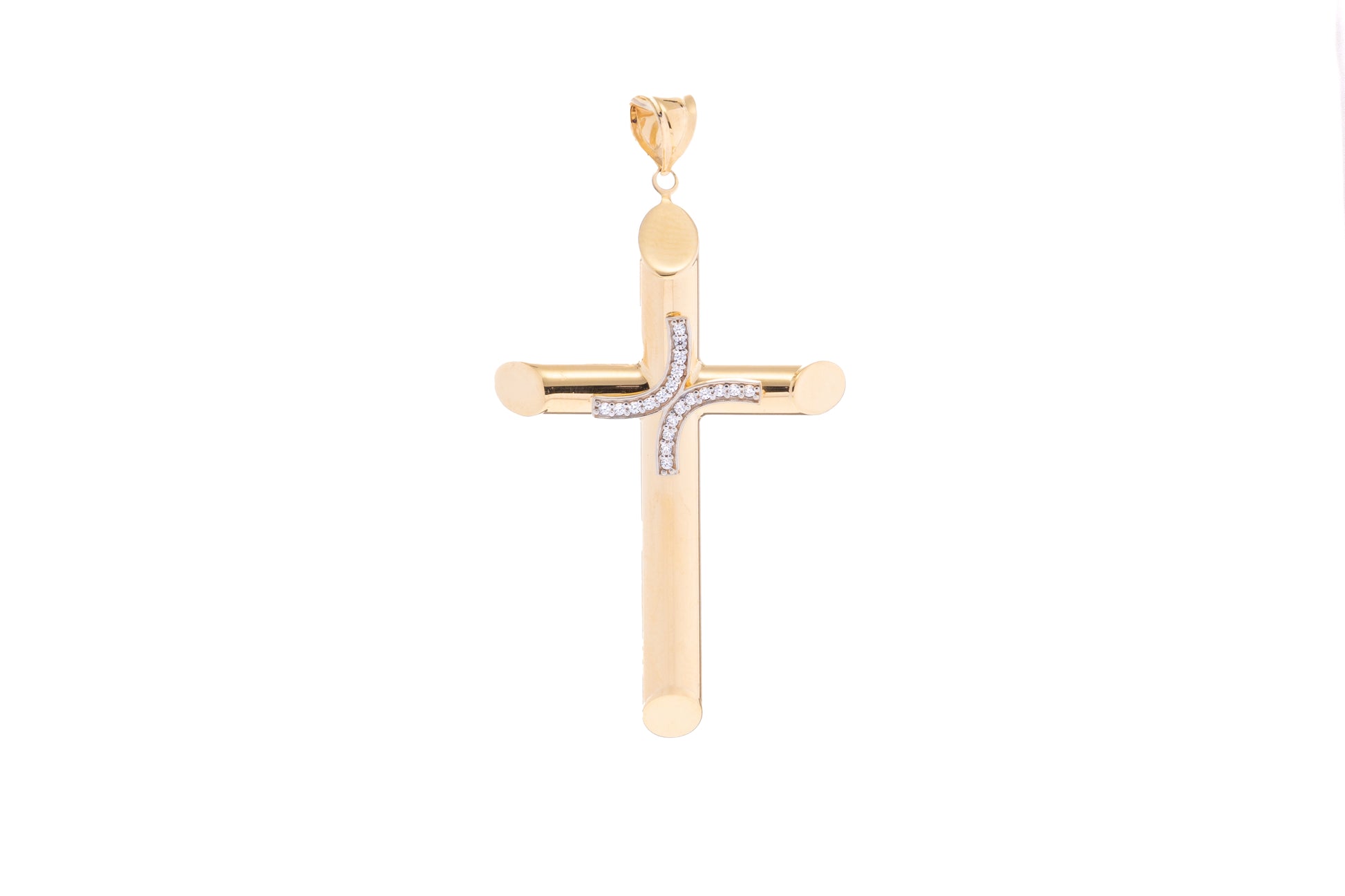 Dije Cruz con Líneas Curvas en Circonia Oro Amarillo 14k