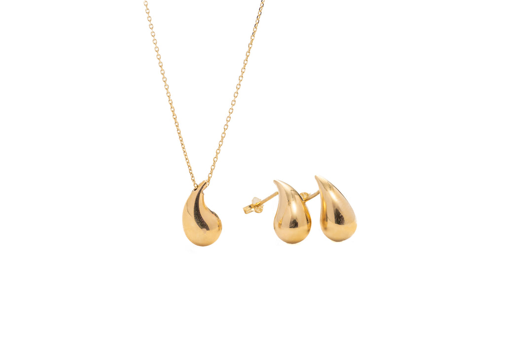 Set Aretes Huggie y Colgante Gota Oro Amarillo 10k
