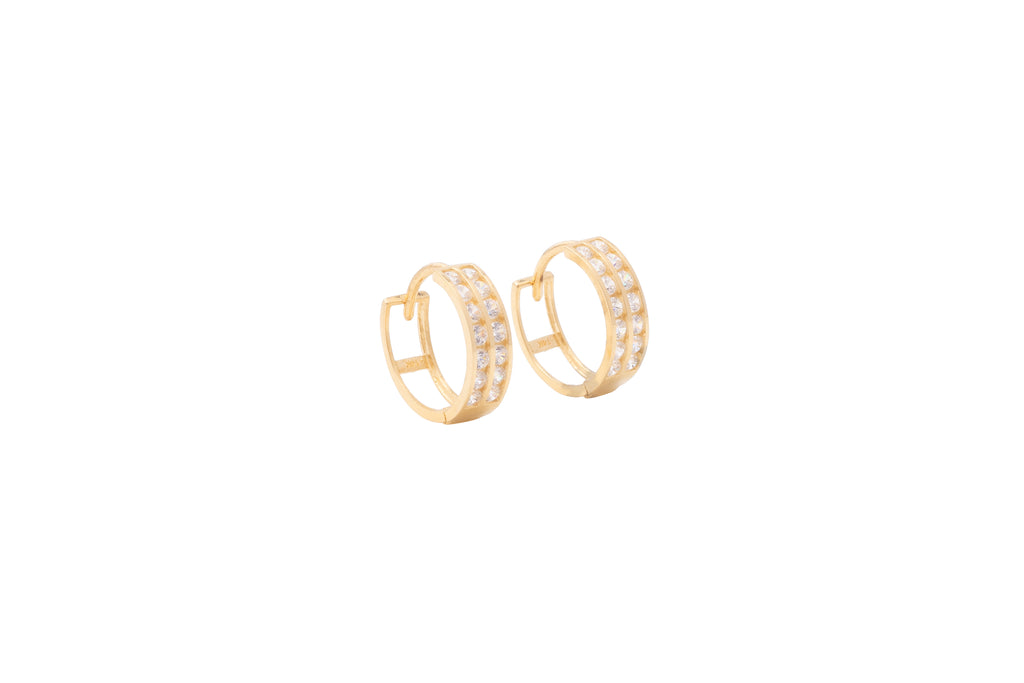 Aretes Huggie Doble Línea de Circonias - Oro Amarillo 14k